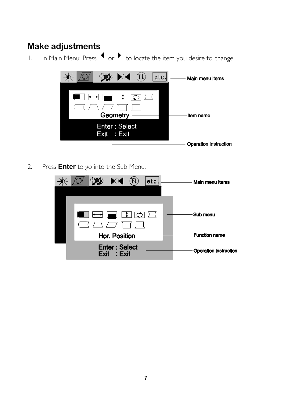 Make adjustments | MITSUBISHI ELECTRIC 1786FD Colour Monitor User Manual | Page 15 / 22