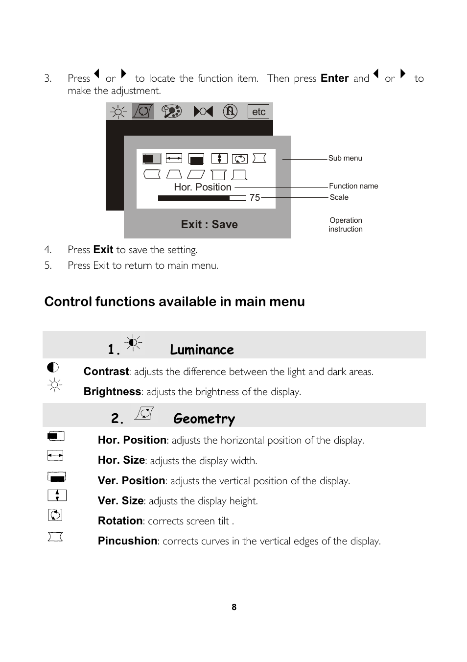 Control functions available in main menu, Luminance, Geometry | MITSUBISHI ELECTRIC 1786FD Colour Monitor User Manual | Page 16 / 22