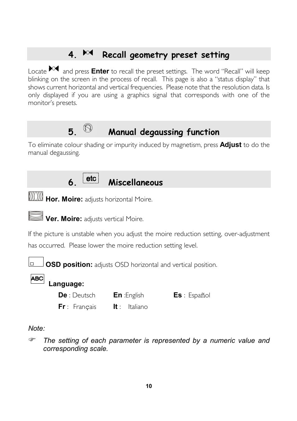 Recall geometry preset setting, Manual degaussing function, Miscellaneous | MITSUBISHI ELECTRIC 1786FD Colour Monitor User Manual | Page 18 / 22