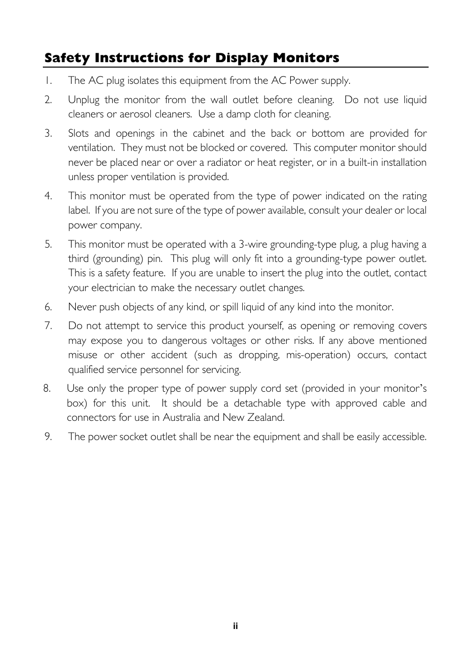 Safety instructions for display monitors | MITSUBISHI ELECTRIC 1786FD Colour Monitor User Manual | Page 6 / 22