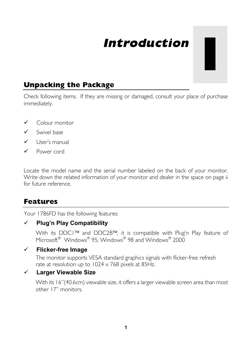 Introduction | MITSUBISHI ELECTRIC 1786FD Colour Monitor User Manual | Page 9 / 22