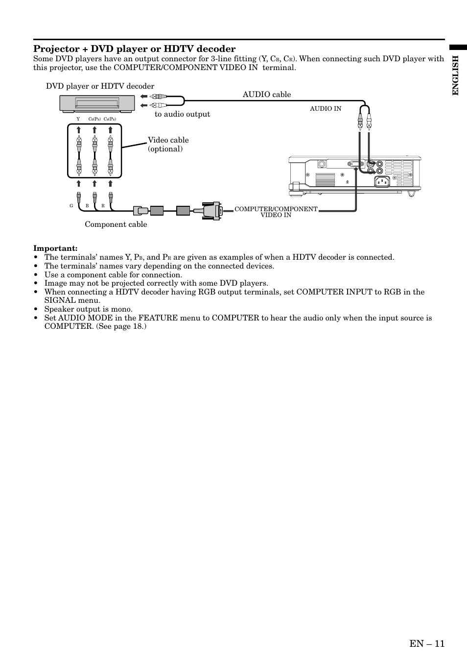 En – 11, Projector + dvd player or hdtv decoder, English | And p | MITSUBISHI ELECTRIC HC3 User Manual | Page 11 / 34