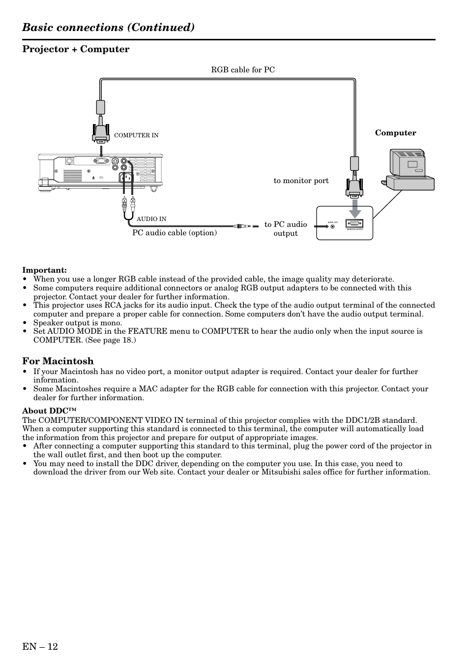 Basic connections (continued), En – 12 projector + computer, For macintosh | MITSUBISHI ELECTRIC HC3 User Manual | Page 12 / 34