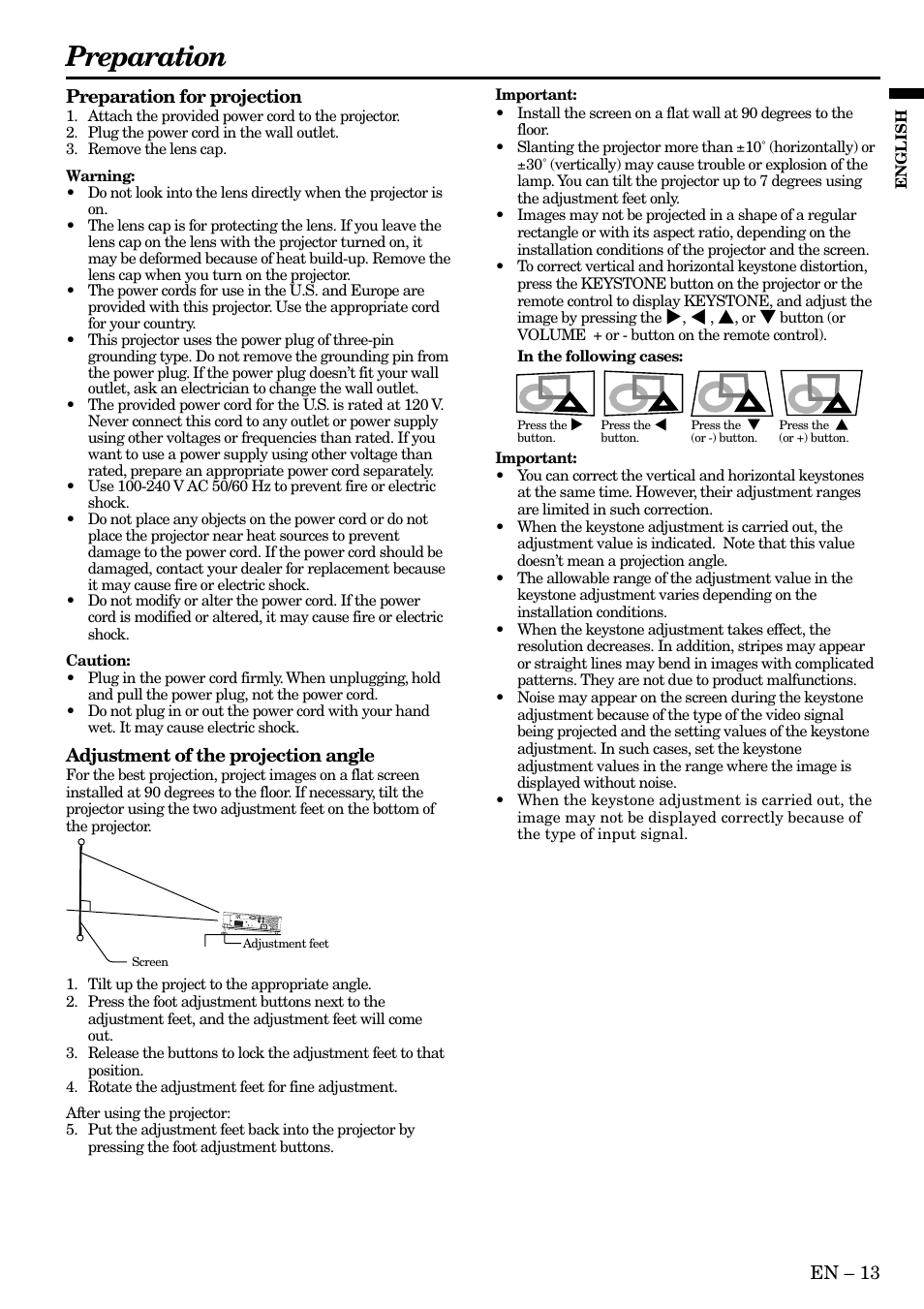 Preparation, En – 13, Preparation for projection | Adjustment of the projection angle | MITSUBISHI ELECTRIC HC3 User Manual | Page 13 / 34