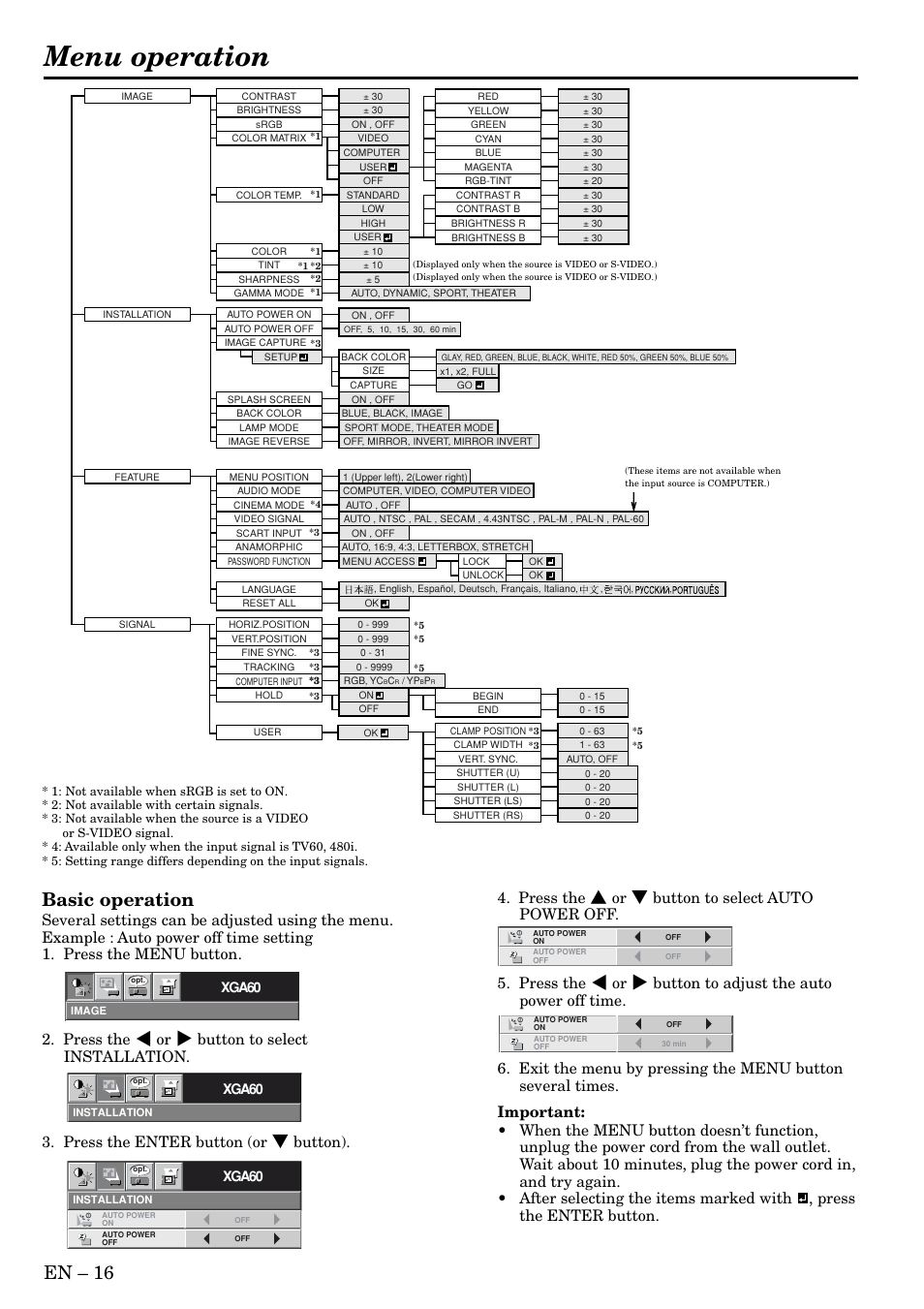 Menu operation, En – 16, Basic operation | Xga60 | MITSUBISHI ELECTRIC HC3 User Manual | Page 16 / 34