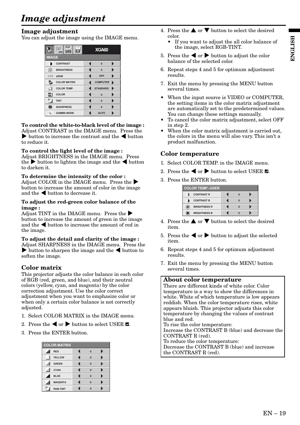 Image adjustment, En – 19, Color temperature | About color temperature, Color matrix | MITSUBISHI ELECTRIC HC3 User Manual | Page 19 / 34