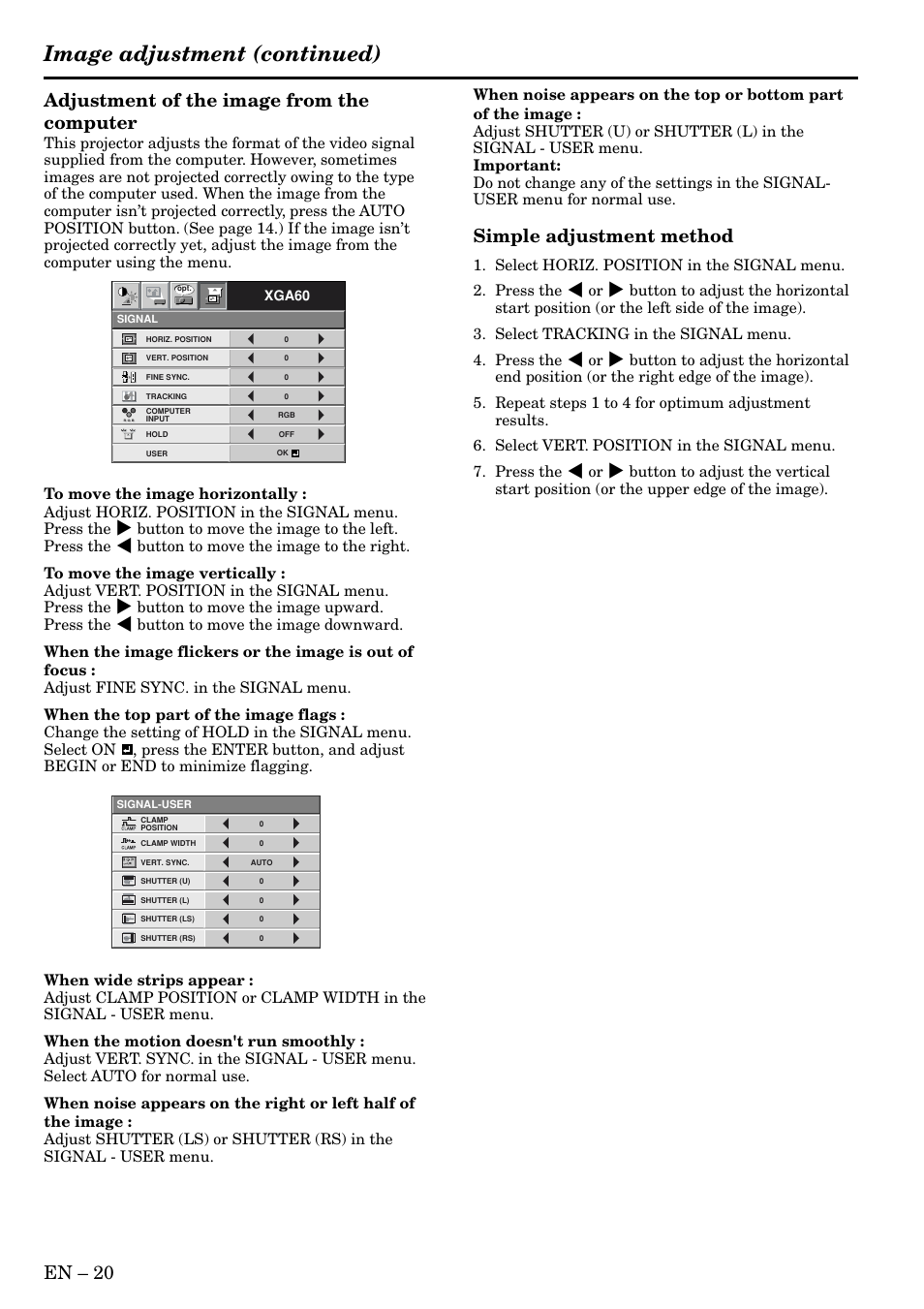 Image adjustment (continued), En – 20 adjustment of the image from the computer, Simple adjustment method | MITSUBISHI ELECTRIC HC3 User Manual | Page 20 / 34