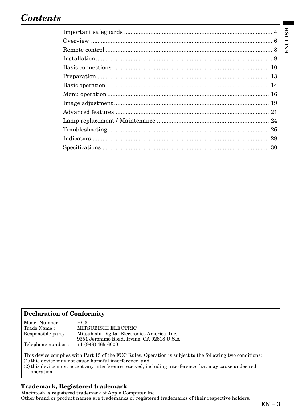 MITSUBISHI ELECTRIC HC3 User Manual | Page 3 / 34