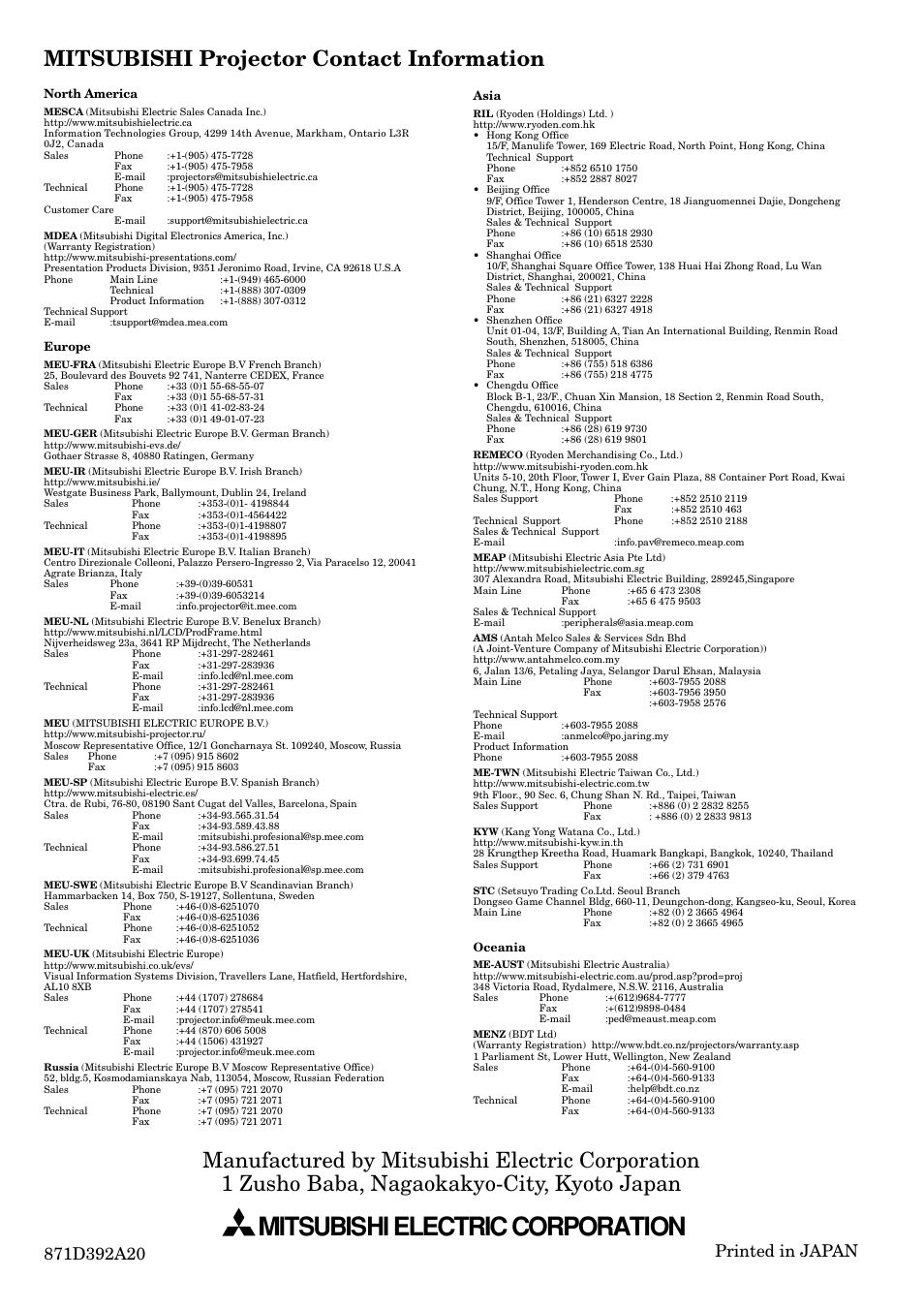 Mitsubishi electric corporation, Mitsubishi projector contact information | MITSUBISHI ELECTRIC HC3 User Manual | Page 34 / 34