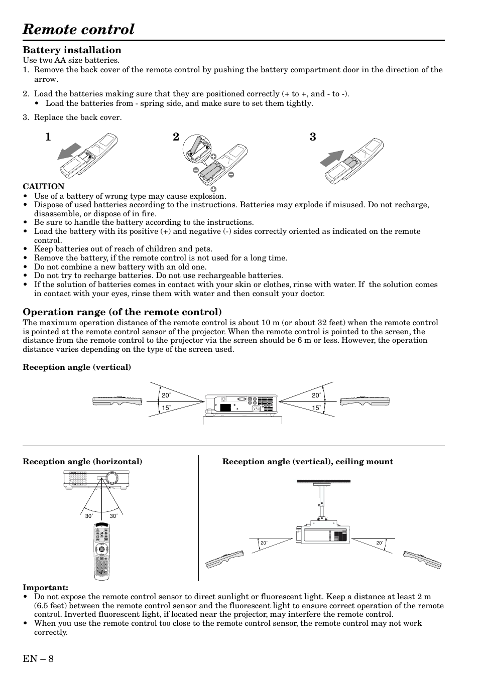 Remote control, En – 8, Battery installation | Operation range (of the remote control) | MITSUBISHI ELECTRIC HC3 User Manual | Page 8 / 34