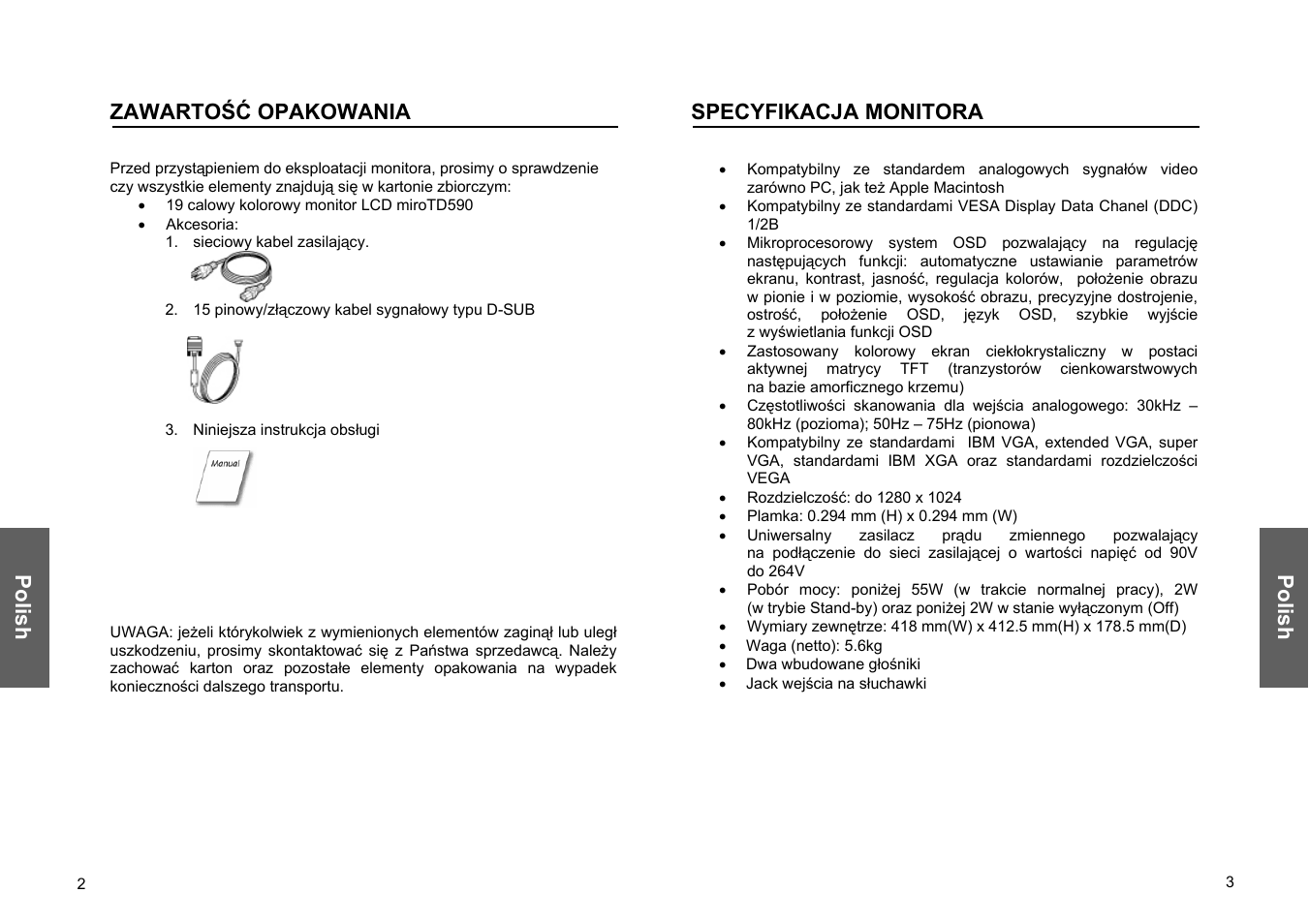 Polish, Polish zawartość opakowania, Specyfikacja monitora | Miro Displays TD570 User Manual | Page 41 / 49