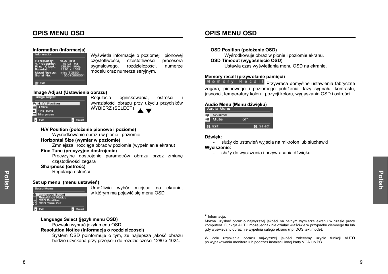 Polish, Polish opis menu osd, Opis menu osd | Miro Displays TD570 User Manual | Page 44 / 49