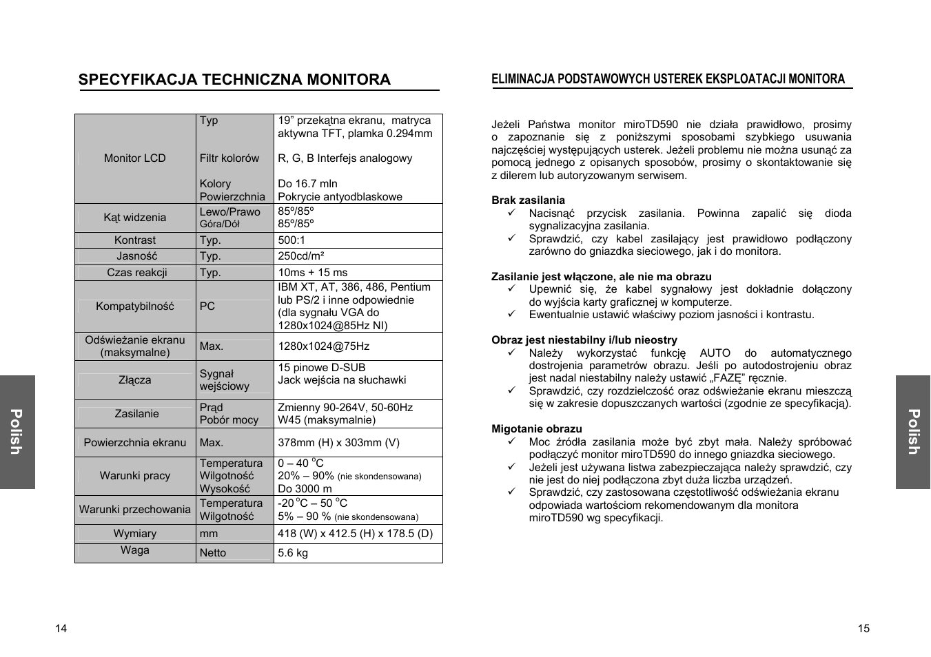 Polish, Polish specyfikacja techniczna monitora | Miro Displays TD570 User Manual | Page 47 / 49