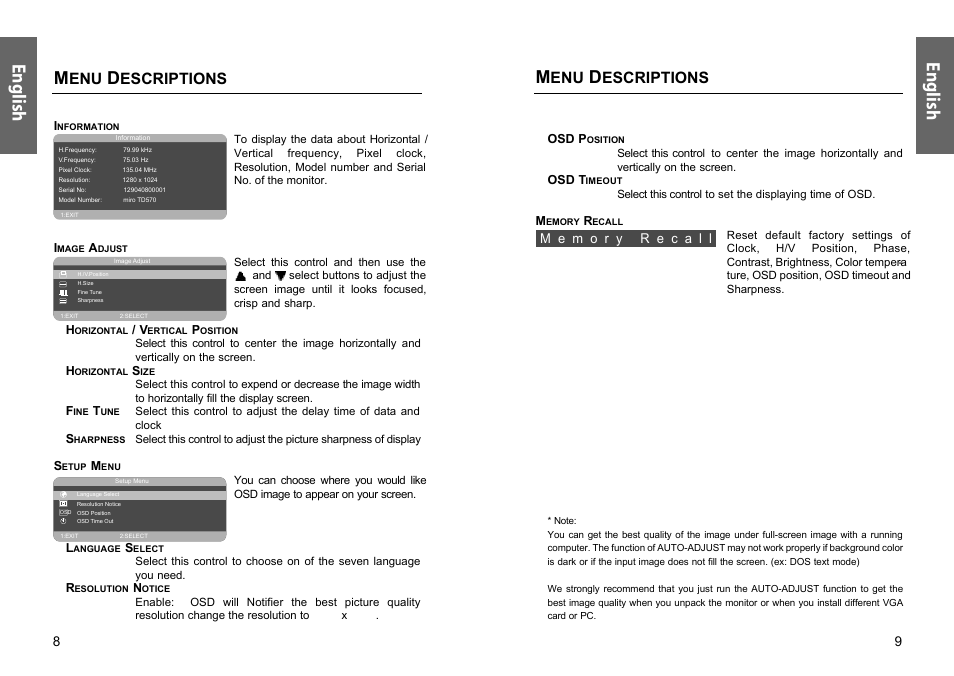 En gli sh en gli sh, Escriptions | Miro Displays TD570 User Manual | Page 9 / 49