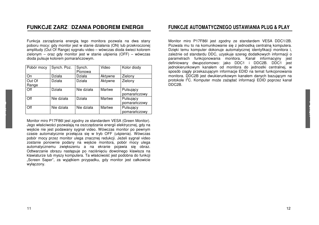 Funkcje zarz dzania poborem energii, Funkcje automatycznego ustawiania plug & play, Poli sh p oli sh | Miro Displays P17F86i User Manual | Page 32 / 35