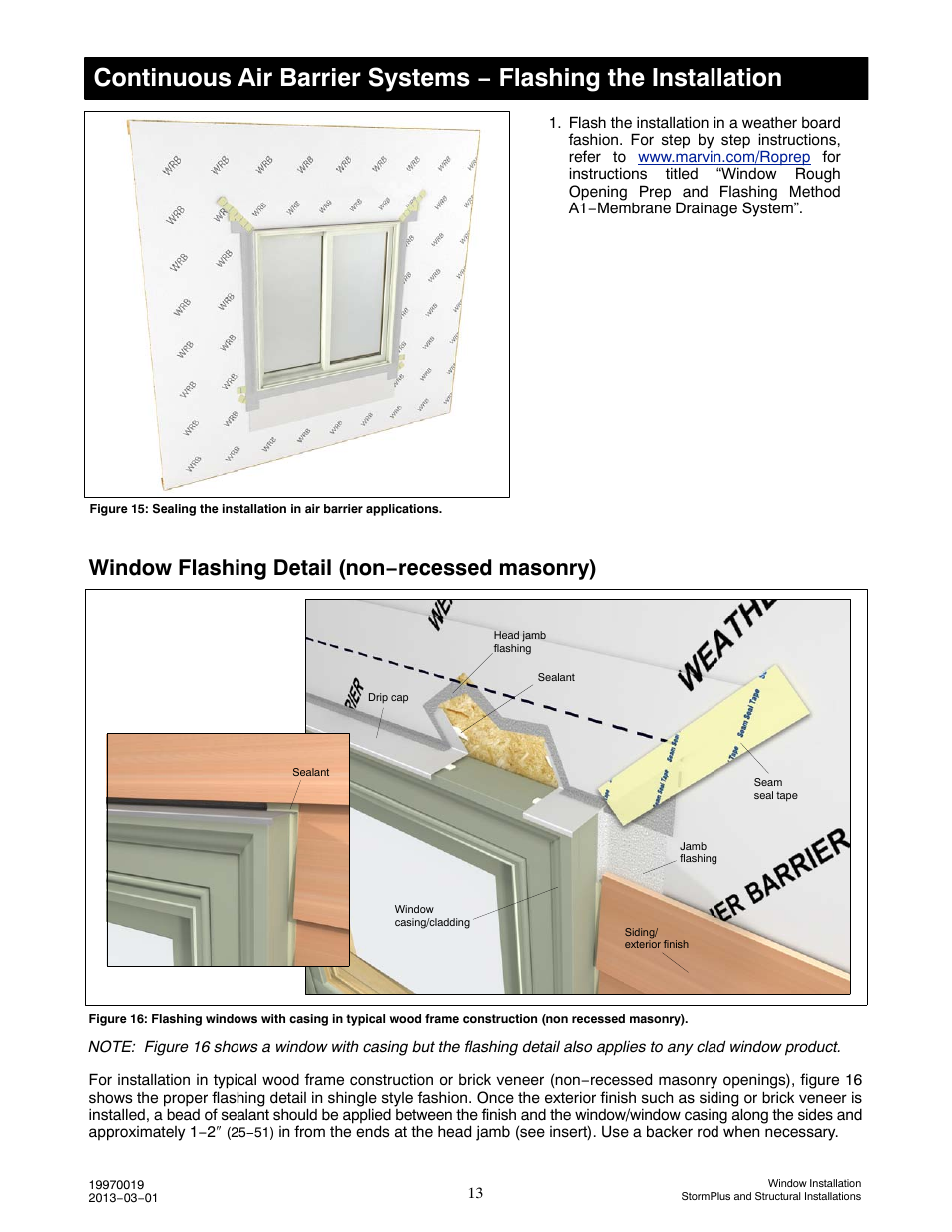 Window flashing detail (non−recessed masonry) | Marvin Window User Manual | Page 14 / 17