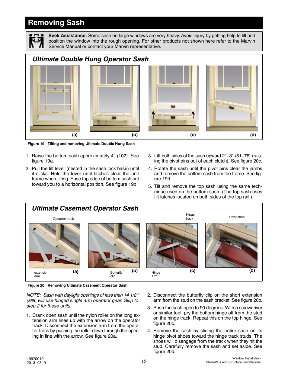 Removing sash, Ultimate double hung operator sash, Ultimate casement operator sash | Marvin Window User Manual | Page 16 / 17