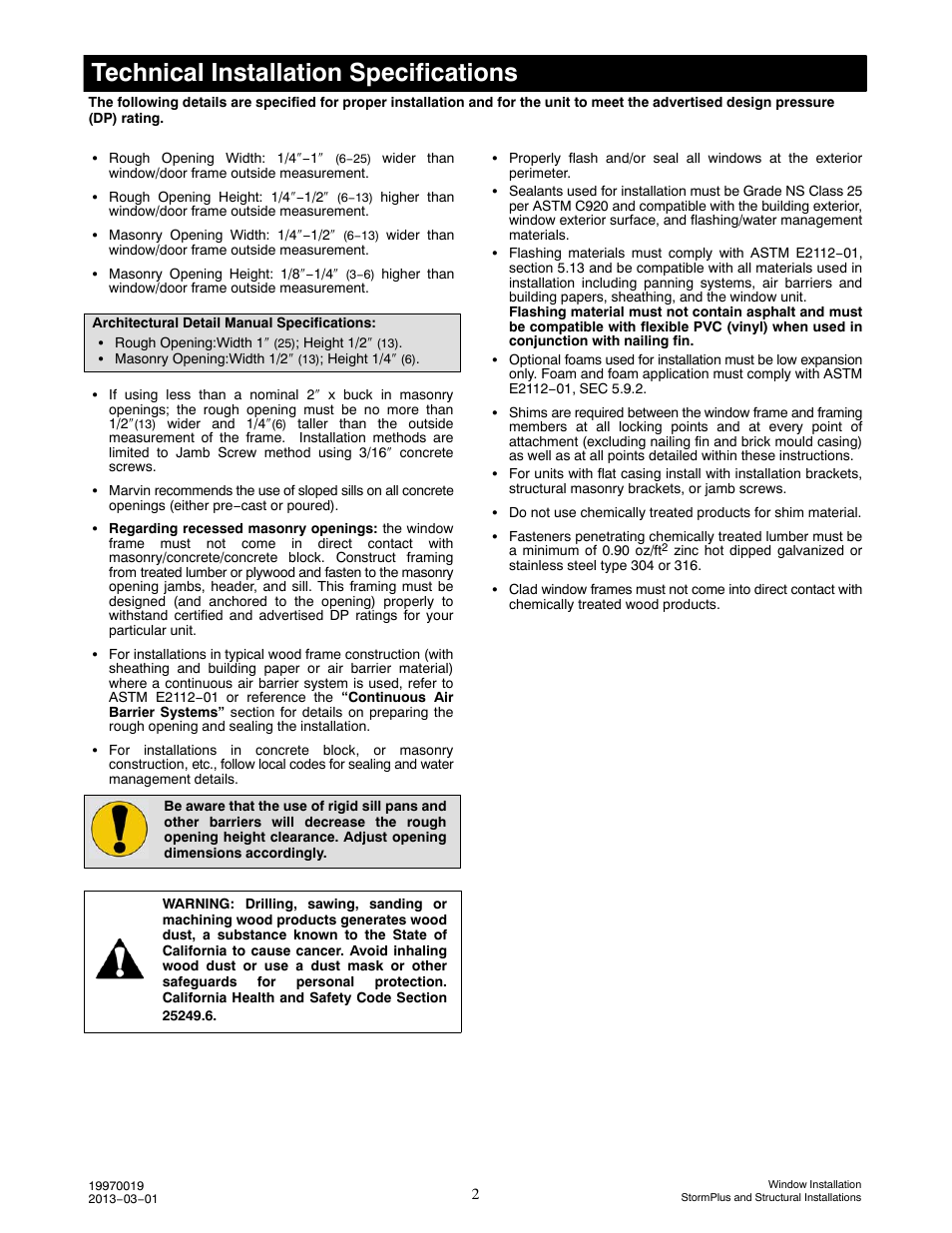 Technical installation specifications | Marvin Window User Manual | Page 3 / 17