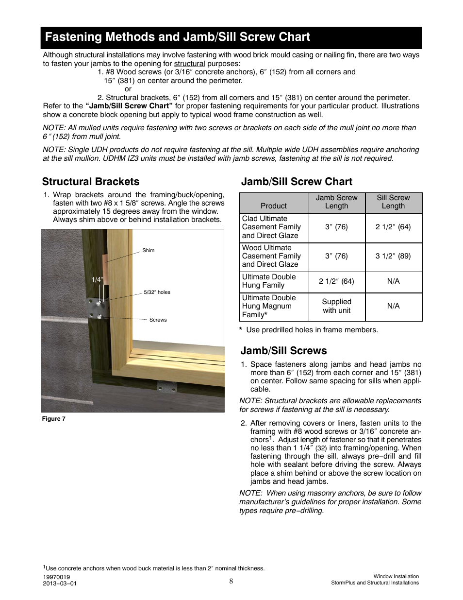 Fastening methods and jamb/sill screw chart, Jamb/sill screw chart structural brackets, Jamb/sill screws | Marvin Window User Manual | Page 9 / 17