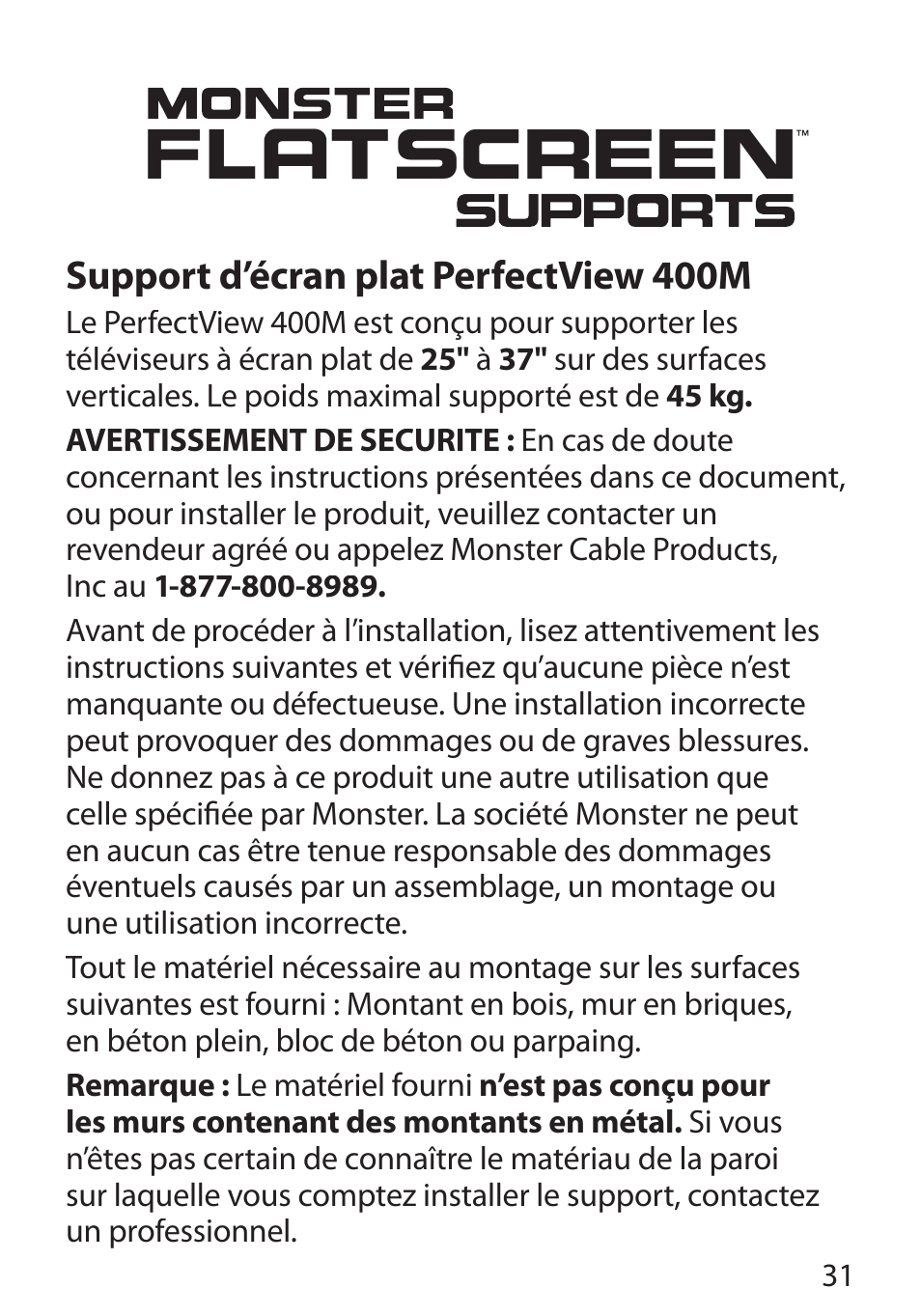 Support d’écran plat perfectview 400m | Monster Cable PERFECTVIEW 400M User Manual | Page 35 / 90