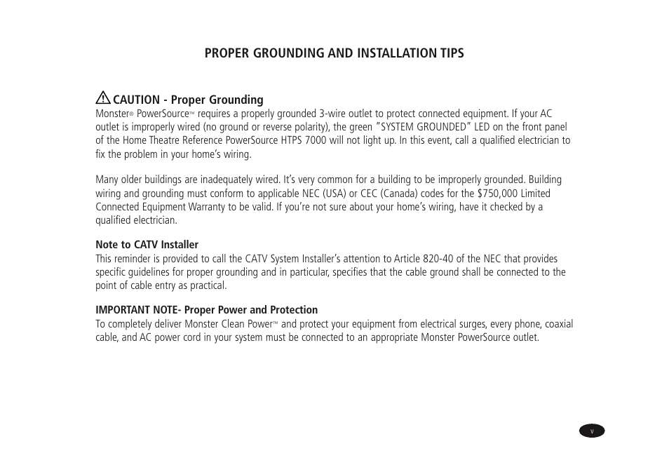 Proper grounding and installation tips | Monster Power HTPS7000 User Manual | Page 7 / 38