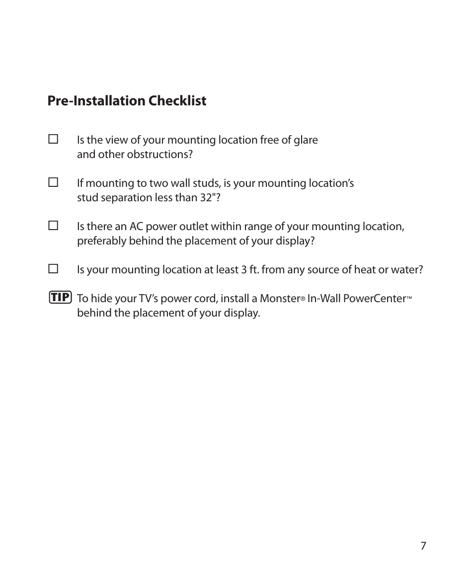Pre-installation checklist | Monster Power FlatScreen Mount SmartViewTM 200L User Manual | Page 11 / 72