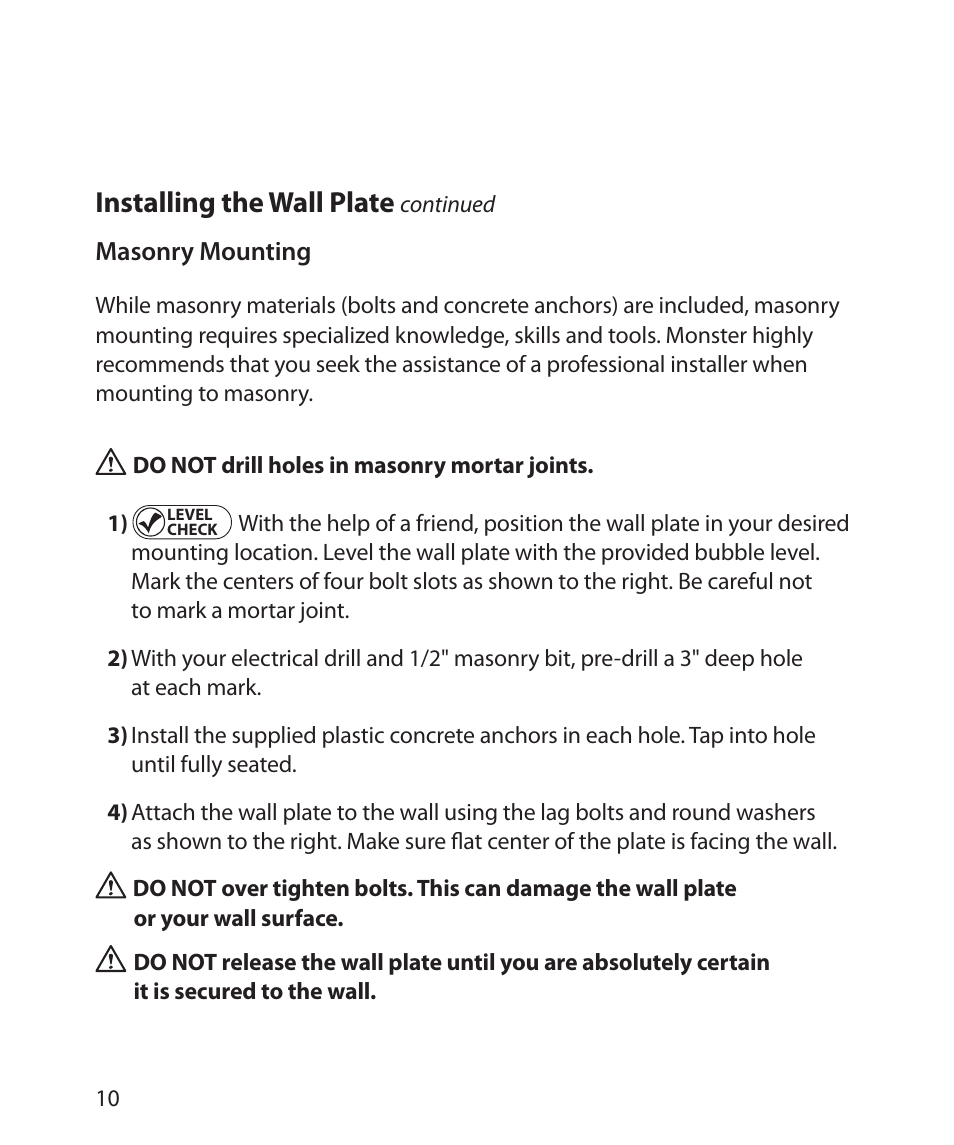 Installing the wall plate | Monster Power FlatScreen Mount SmartViewTM 200L User Manual | Page 14 / 72