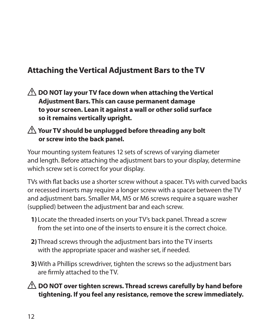 Attaching the vertical adjustment bars to the tv | Monster Power FlatScreen Mount SmartViewTM 200L User Manual | Page 16 / 72