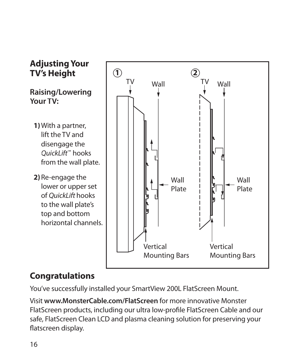 Adjusting your tv’s height | Monster Power FlatScreen Mount SmartViewTM 200L User Manual | Page 20 / 72