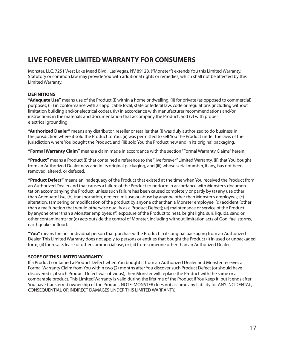 Live forever limited warranty for consumers | Monster Power FlatScreen Mount SmartViewTM 200L User Manual | Page 21 / 72