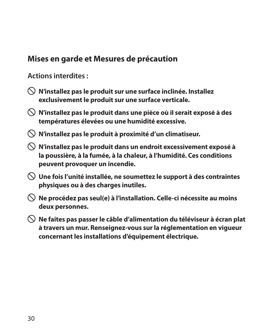 Mises en garde et mesures de précaution | Monster Power FlatScreen Mount SmartViewTM 200L User Manual | Page 34 / 72