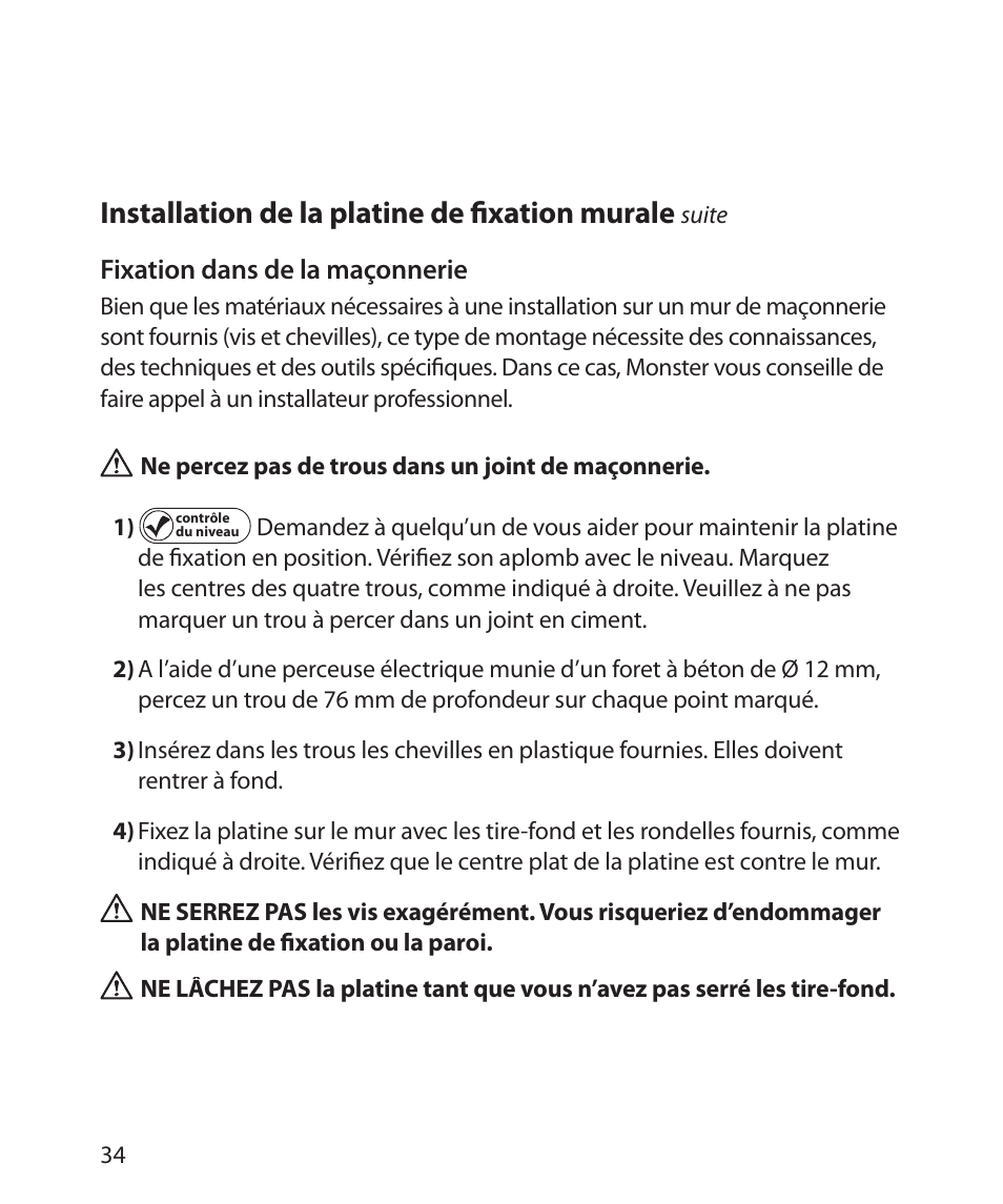 Installation de la platine de ﬁ xation murale, Fixation dans de la maçonnerie | Monster Power FlatScreen Mount SmartViewTM 200L User Manual | Page 38 / 72