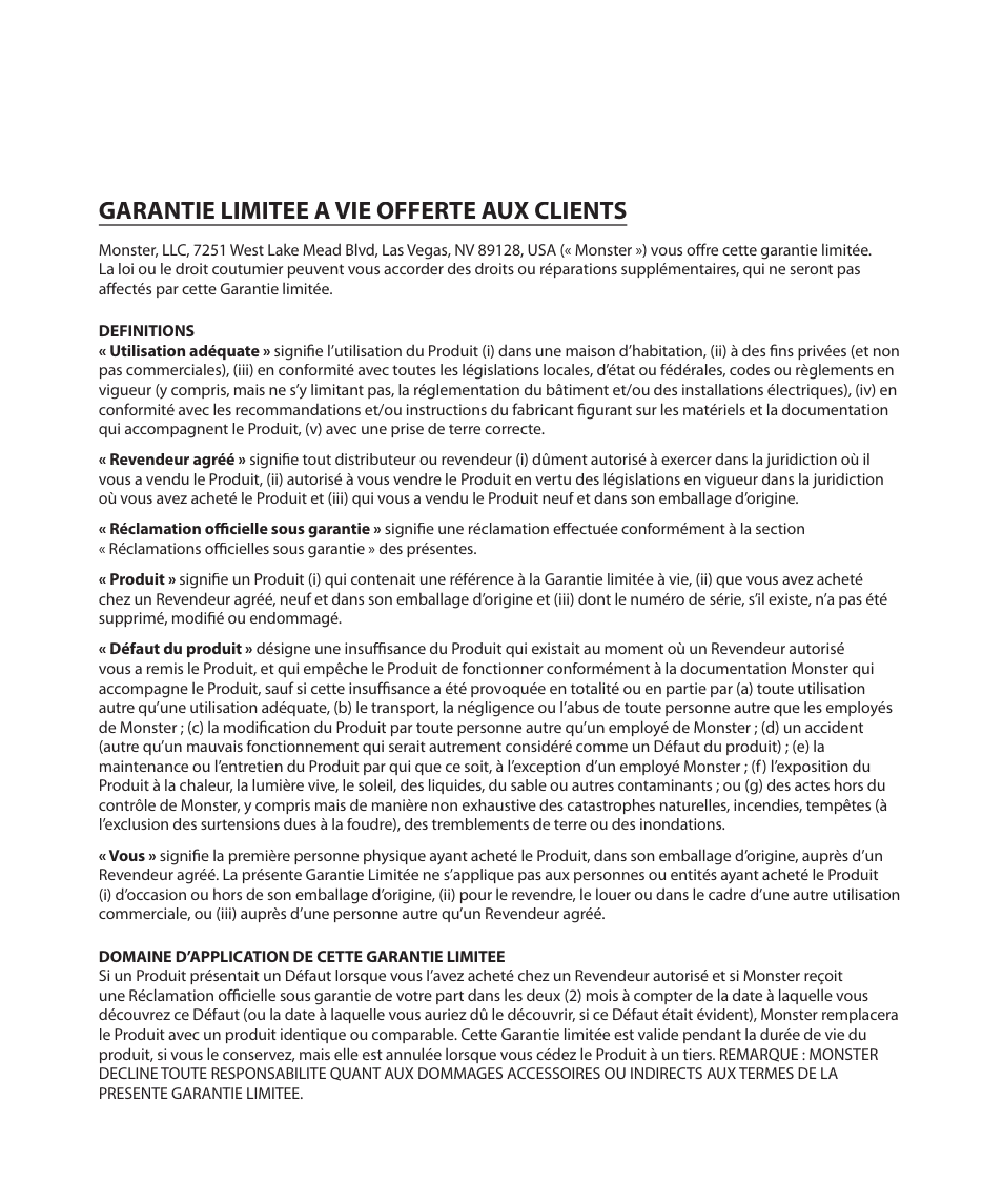 Garantie limitee a vie offerte aux clients | Monster Power FlatScreen Mount SmartViewTM 200L User Manual | Page 45 / 72