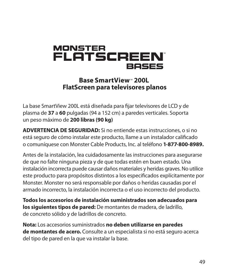 200l flatscreen para televisores planos | Monster Power FlatScreen Mount SmartViewTM 200L User Manual | Page 53 / 72