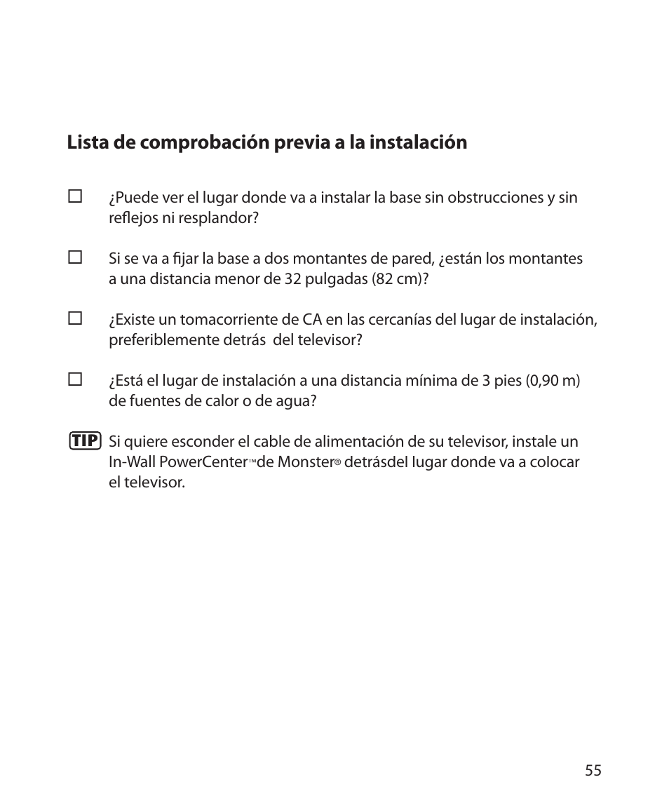 Lista de comprobación previa a la instalación | Monster Power FlatScreen Mount SmartViewTM 200L User Manual | Page 59 / 72