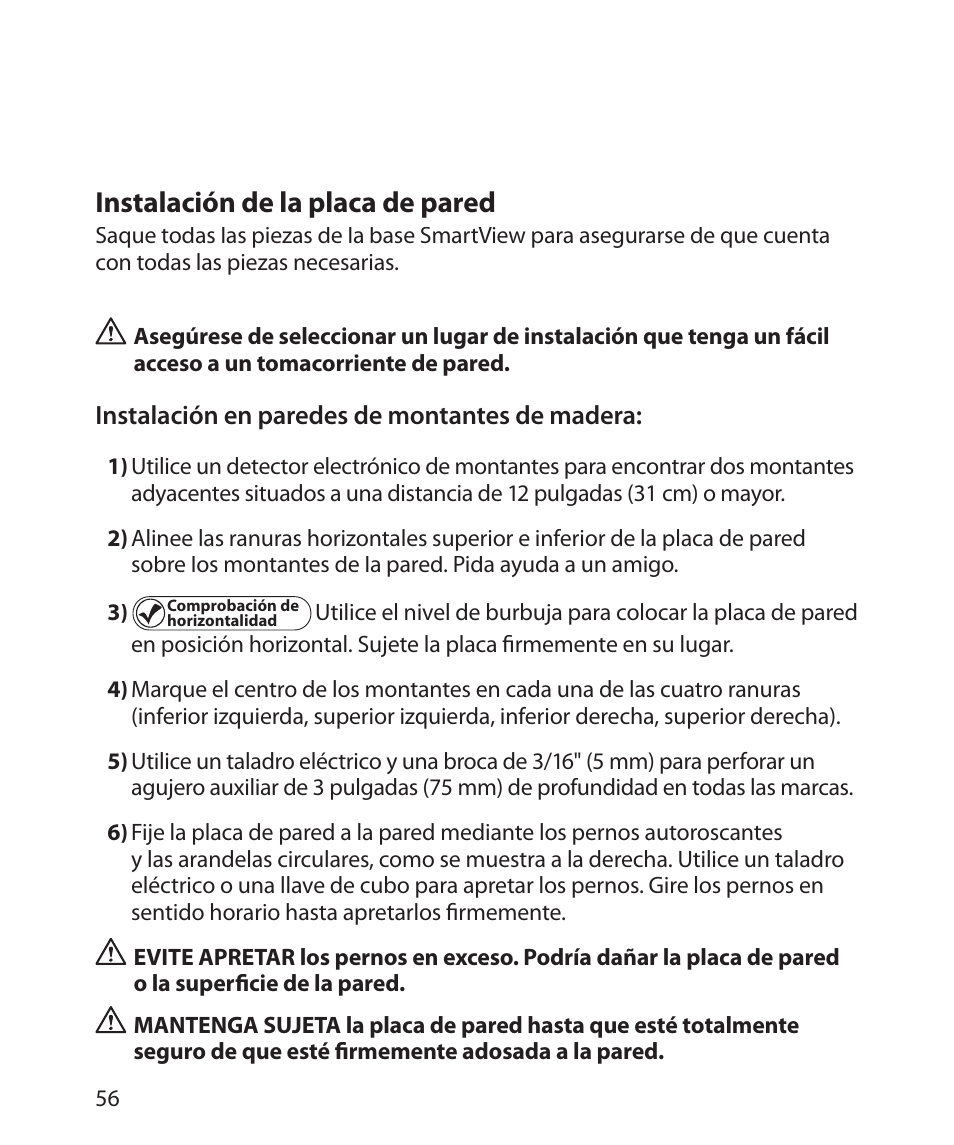 Instalación de la placa de pared | Monster Power FlatScreen Mount SmartViewTM 200L User Manual | Page 60 / 72