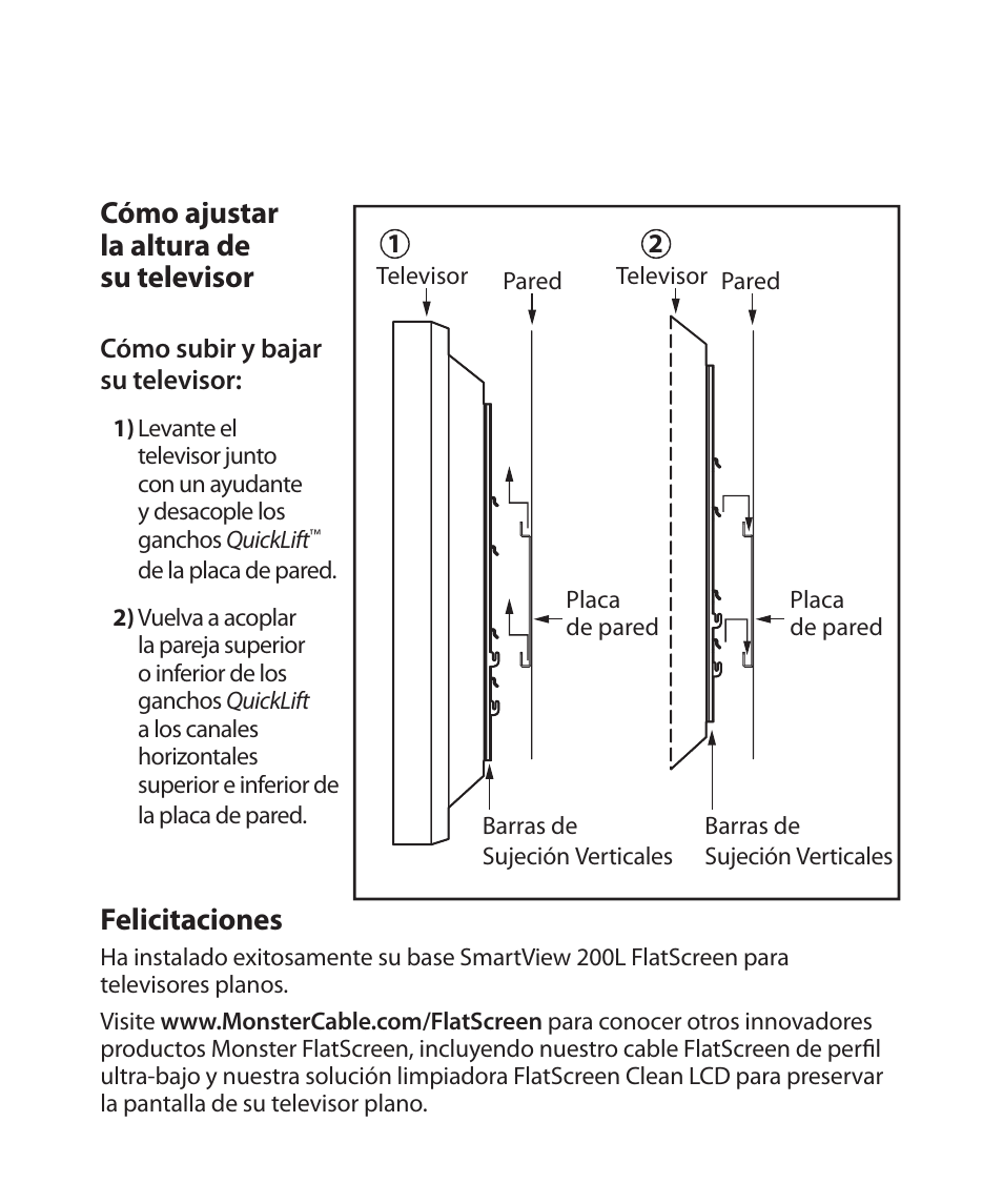 Cómo ajustar la altura de su televisor, Felicitaciones | Monster Power FlatScreen Mount SmartViewTM 200L User Manual | Page 68 / 72