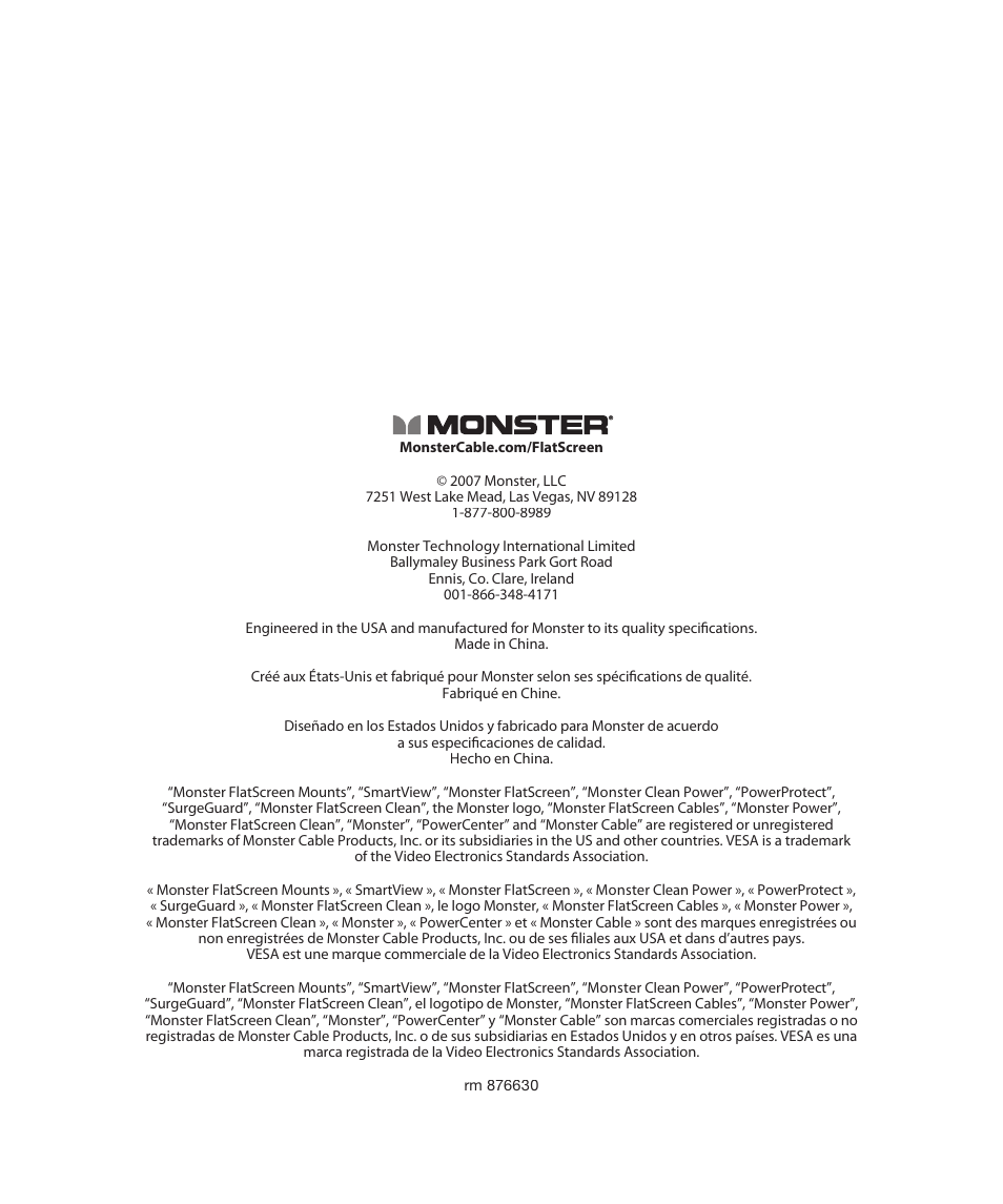 Monster Power FlatScreen Mount SmartViewTM 200L User Manual | Page 72 / 72
