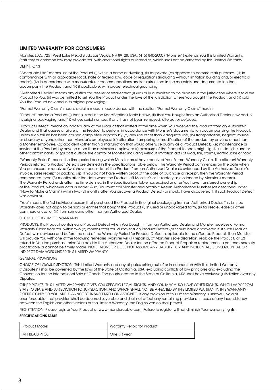 Limited warranty for consumers | Monster Power beats by dr. dre MH BEATS PI OE User Manual | Page 10 / 12