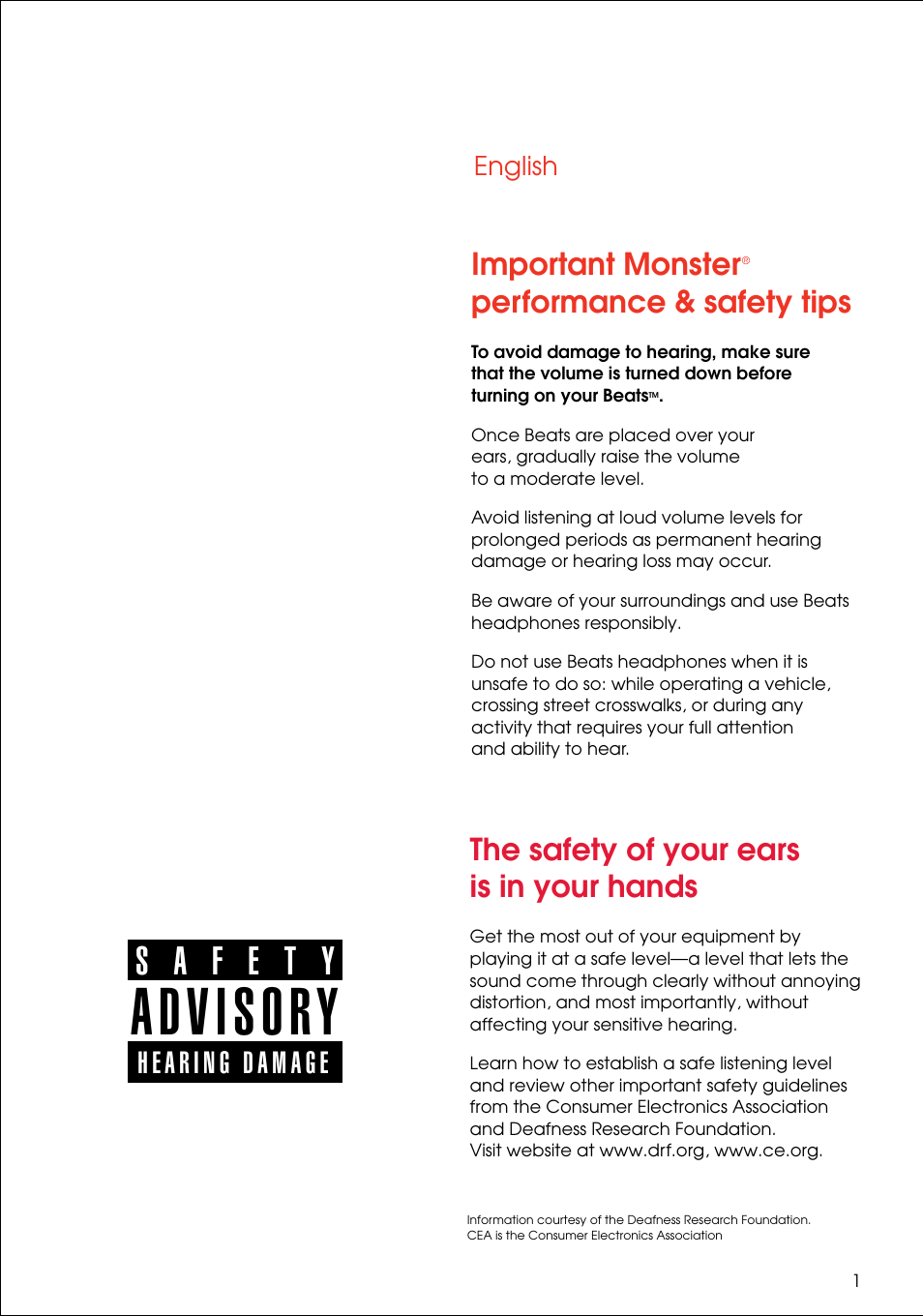 Important monster, Performance & safety tips, The safety of your ears is in your hands | Monster Power beats by dr. dre MH BEATS PI OE User Manual | Page 3 / 12