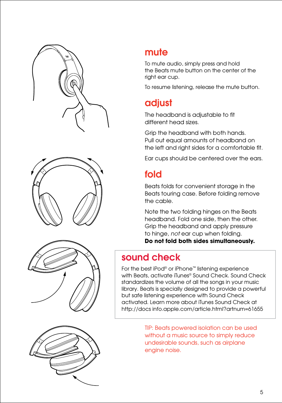 Mute, Adjust, Fold | Sound check | Monster Power beats by dr. dre MH BEATS PI OE User Manual | Page 7 / 12