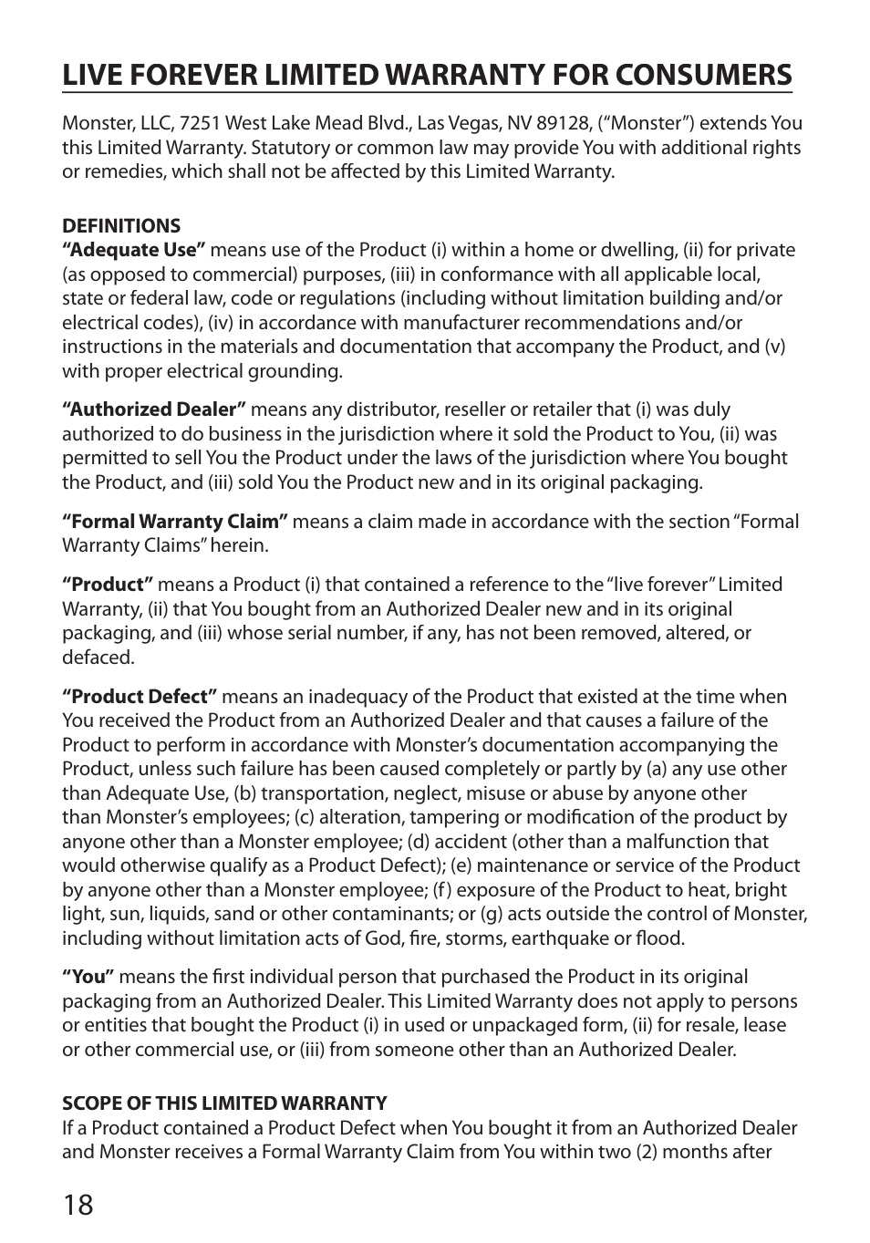 18 live forever limited warranty for consumers | Monster Cable PERFECTVIEW 400S User Manual | Page 22 / 72