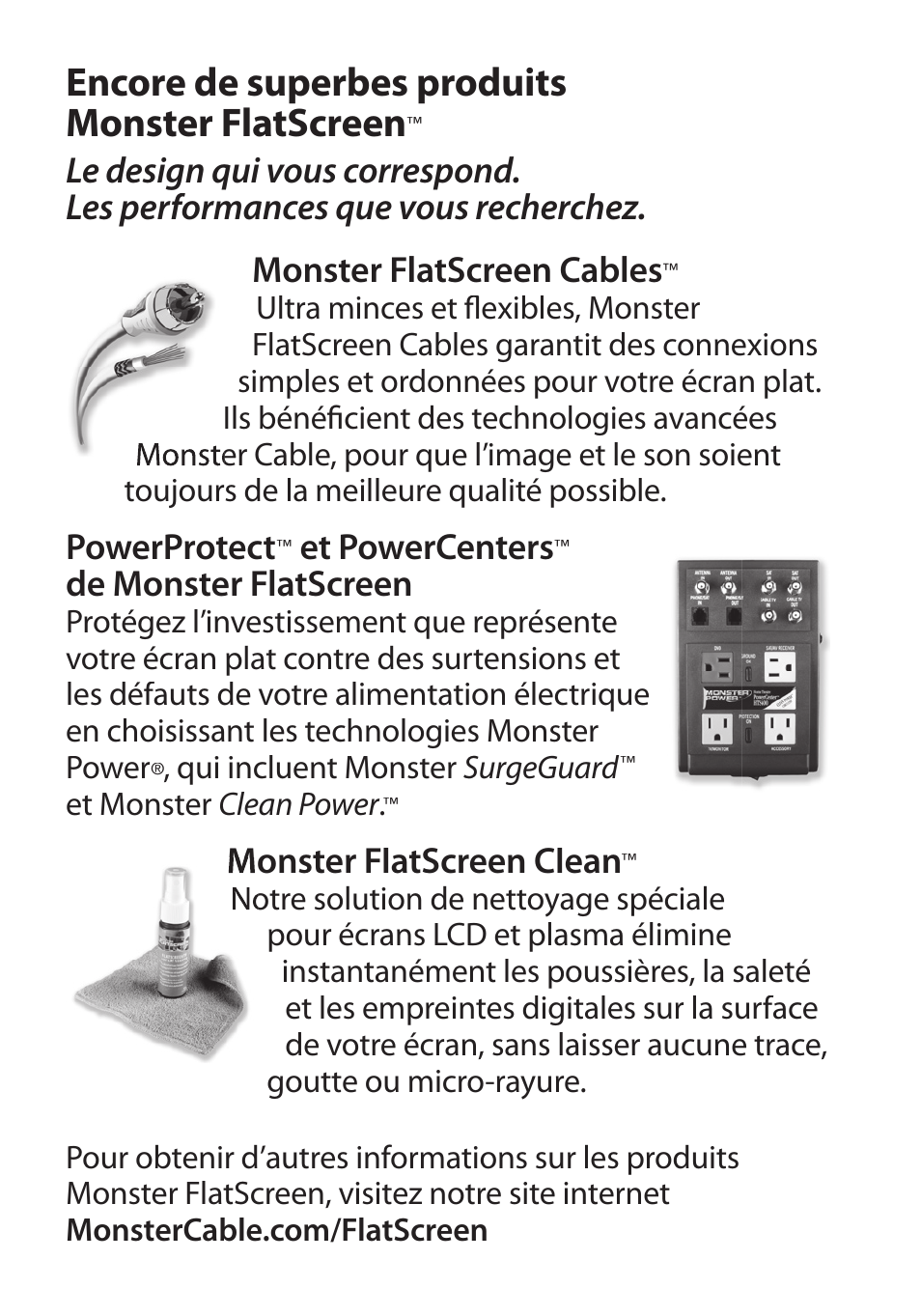 Encore de superbes produits monster flatscreen, Powerprotect, Et powercenters | De monster flatscreen, Monster flatscreen clean | Monster Cable PERFECTVIEW 400S User Manual | Page 28 / 72