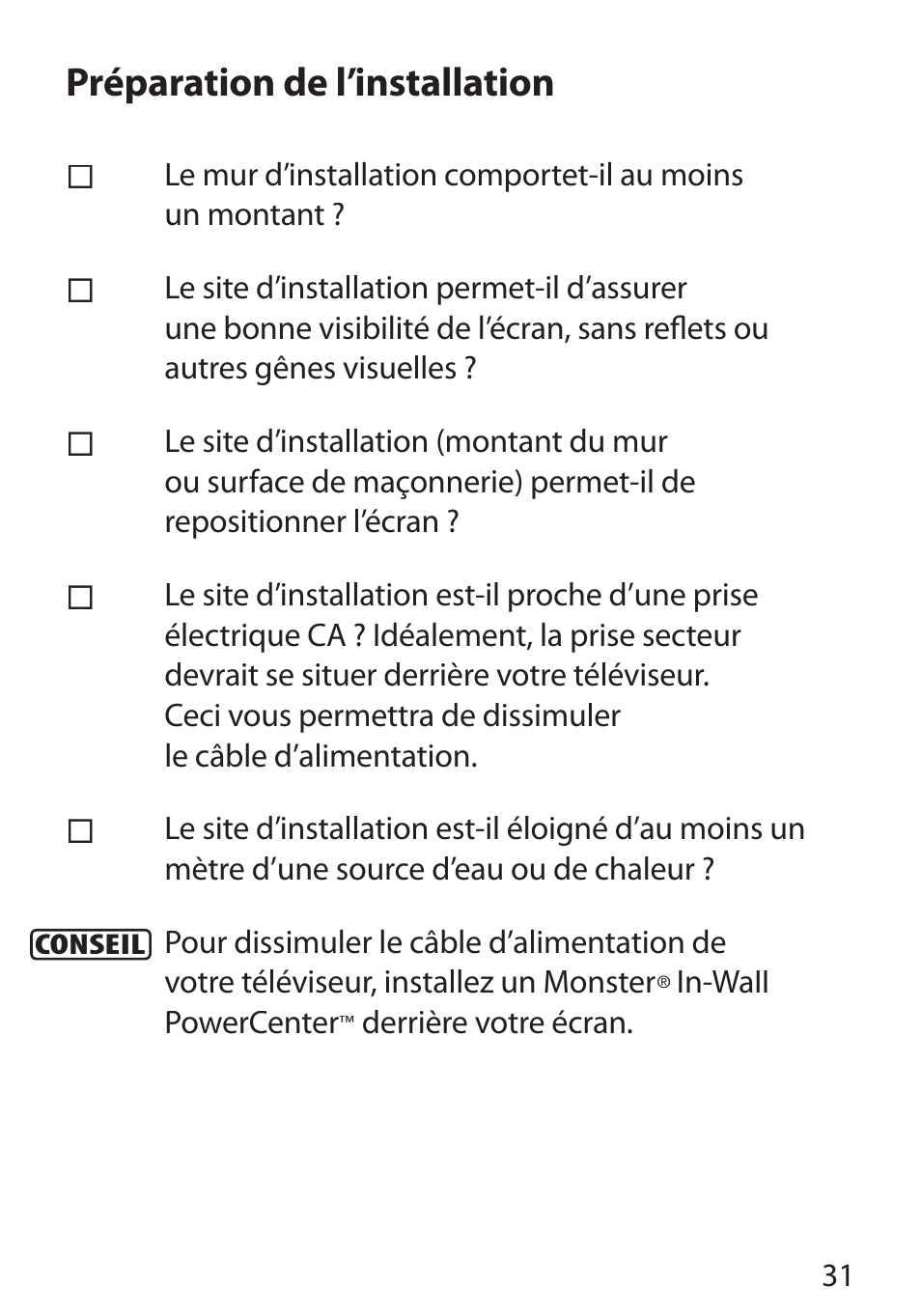 Préparation de l’installation | Monster Cable PERFECTVIEW 400S User Manual | Page 35 / 72