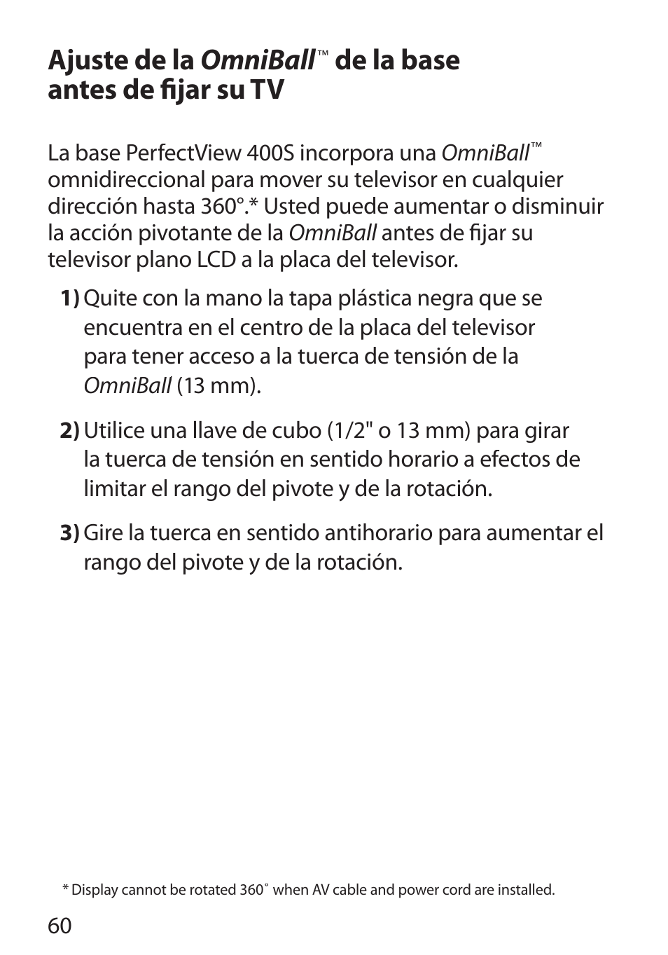 Ajuste de la omniball, De la base antes de ﬁ jar su tv | Monster Cable PERFECTVIEW 400S User Manual | Page 64 / 72