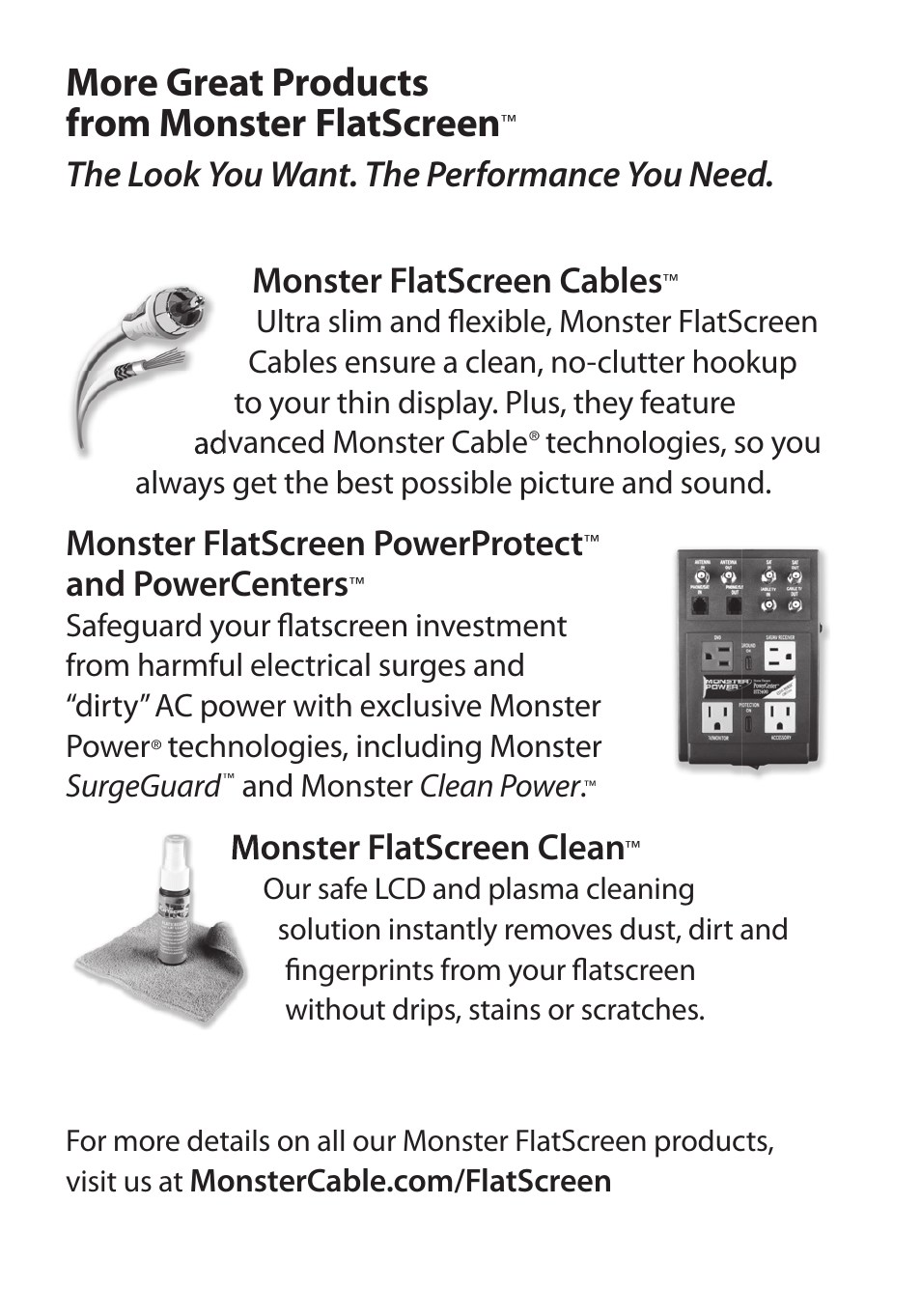 More great products from monster flatscreen, Monster flatscreen powerprotect, And powercenters | Monster flatscreen clean, Technologies, so you, Always get the best possible picture and sound, Technologies, including monster, Surgeguard, And monster clean power | Monster Cable PERFECTVIEW 450M User Manual | Page 4 / 117