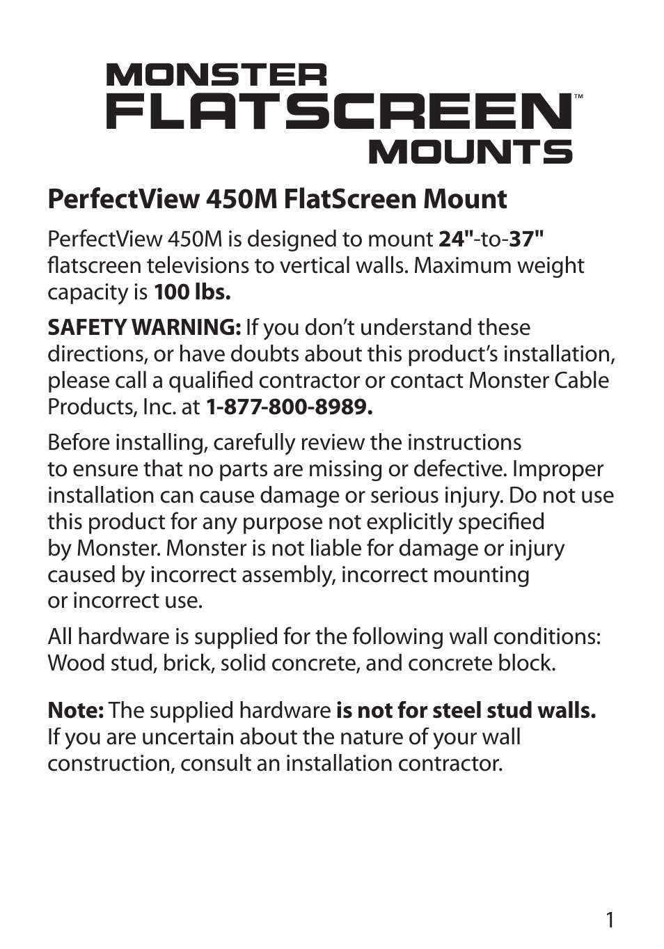 Perfectview 450m flatscreen mount | Monster Cable PERFECTVIEW 450M User Manual | Page 5 / 117