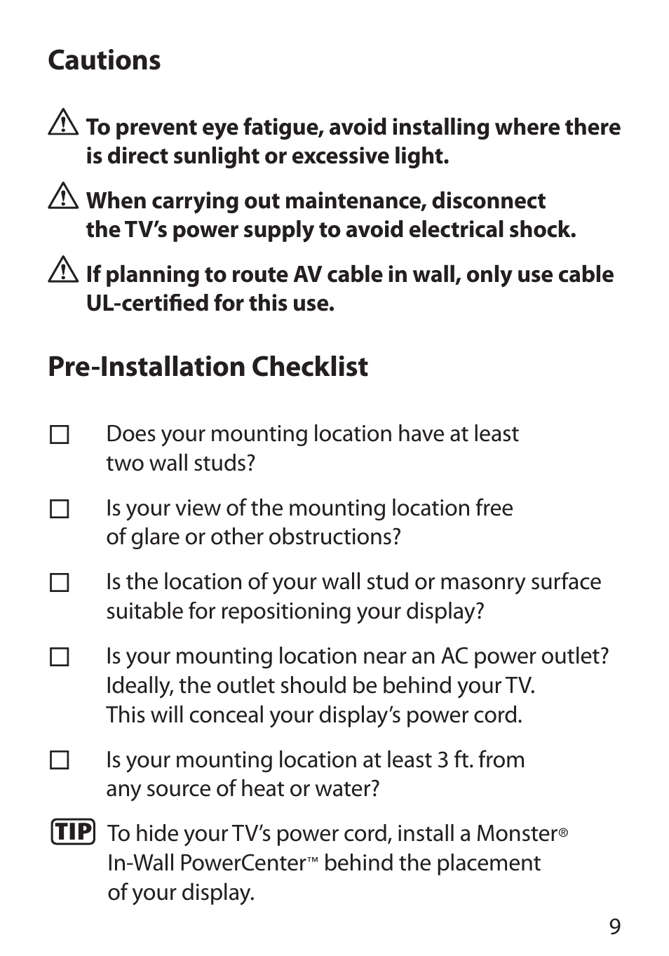 Cautions, Pre-installation checklist | Monster Cable PerfectView 400L User Manual | Page 13 / 90