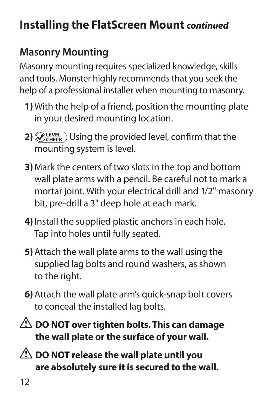 Installing the flatscreen mount, Masonry mounting | Monster Cable PerfectView 400L User Manual | Page 16 / 90