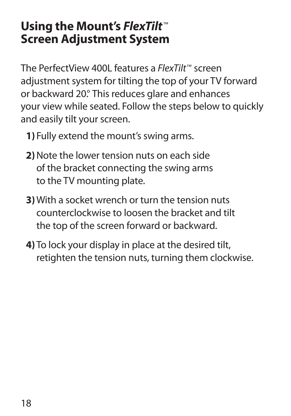 Using the mount’s flextilt, Screen adjustment system | Monster Cable PerfectView 400L User Manual | Page 22 / 90